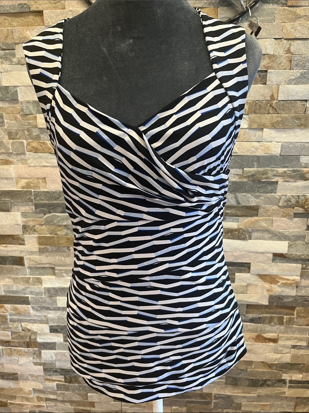 White House Black Market Black and White Striped Wrap-Front Tank